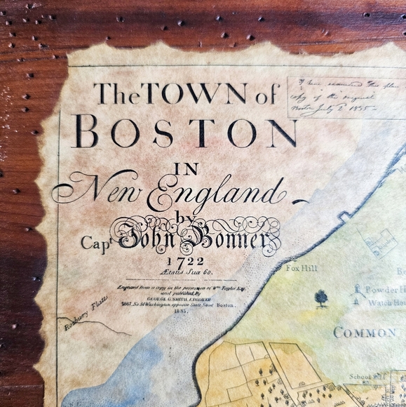 1835 Antique Primitive Map Wood Board Town of Boston New England By John Bonner - Picture 7 of 16